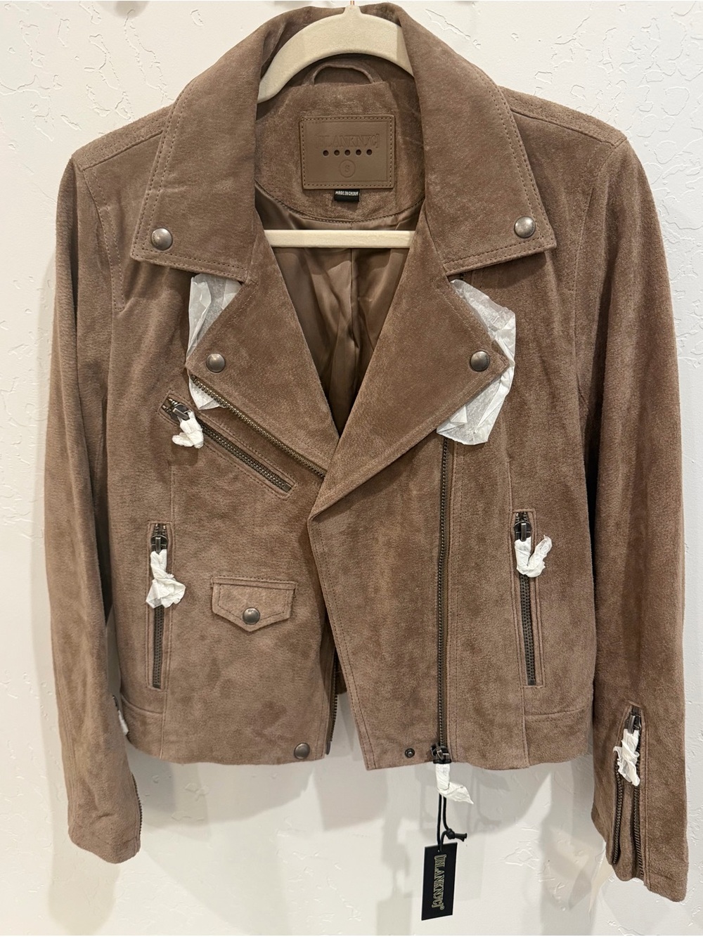BLANKNYC Genuine Suede Moto Jacket Taupe Brown Size S NWT